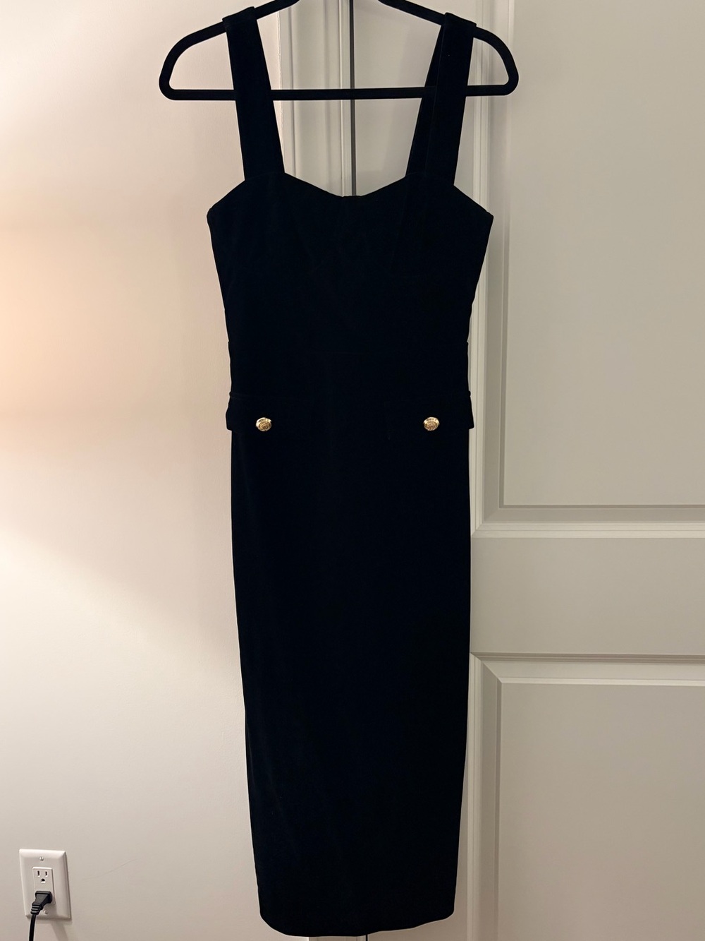 Vici Black Midi Sheath Dress with Gold Button Detail
